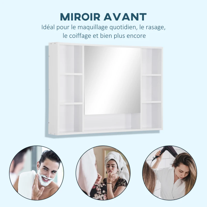 kleankin Armoire murale salle de bain avec miroir, meuble salle de bain, 7 étagères ouvertes et placard,100 x 15 x 70 cm, blanc