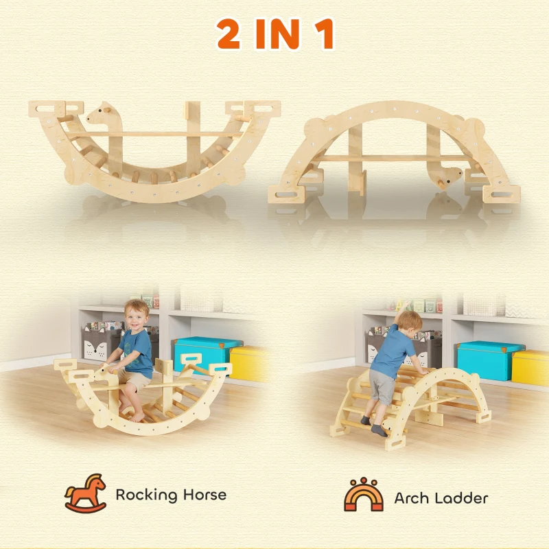 AIYAPLAY Montessori klimrek voor binnen, 2 in 1 klimboog van hout, voor kinderen 2-4 jaar, 110x52x45 cm, naturel hout