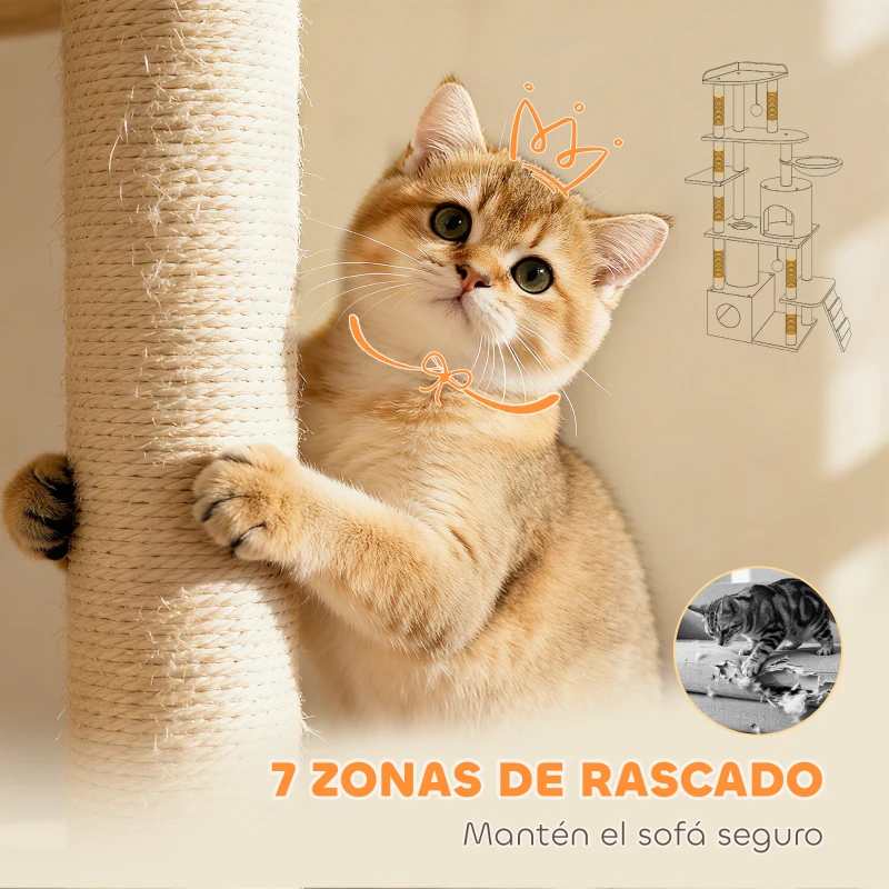 PawHut Árbol Rascador para Gatos Grande Altura 170 cm con 7 Postes 1 Túnel 3 Plataformas 2 Cuevas 1 Hamaca Beige