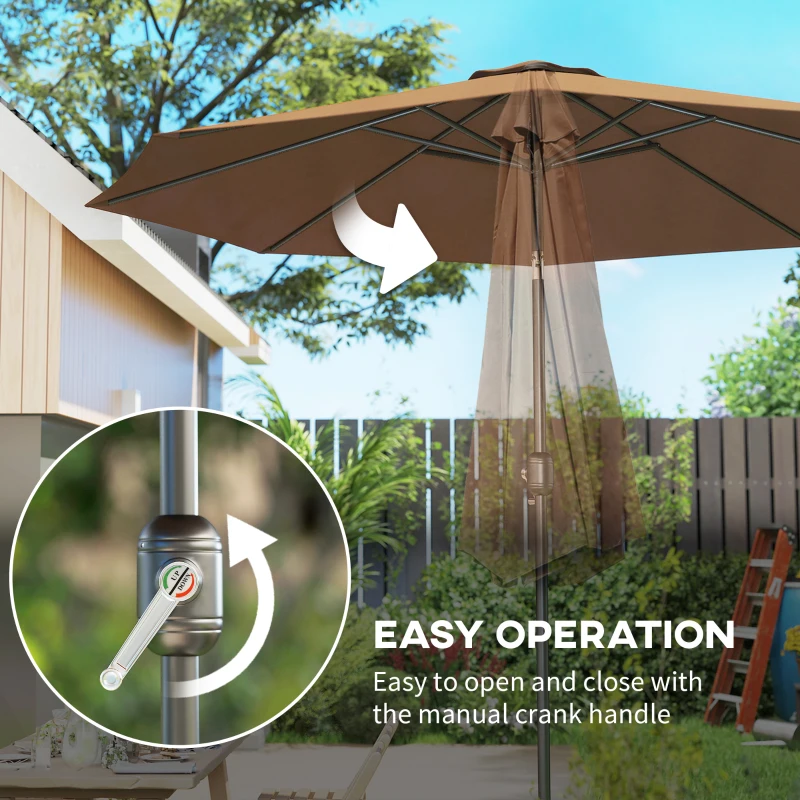 Outsunny 3(m) Tilting Parasol Garden Umbrellas, Outdoor Sun Shade with 8 Ribs, Tilt and Crank Handle for Balcony, Bench, Garden, Coffee