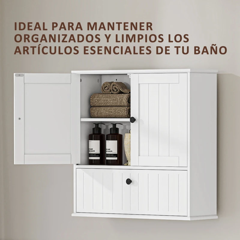 HOMCOM Armario de Baño de Pared Rústico con Estante Ajustable Doble Puerta y Puerta Abatible 60x19,5x60 cm Blanco