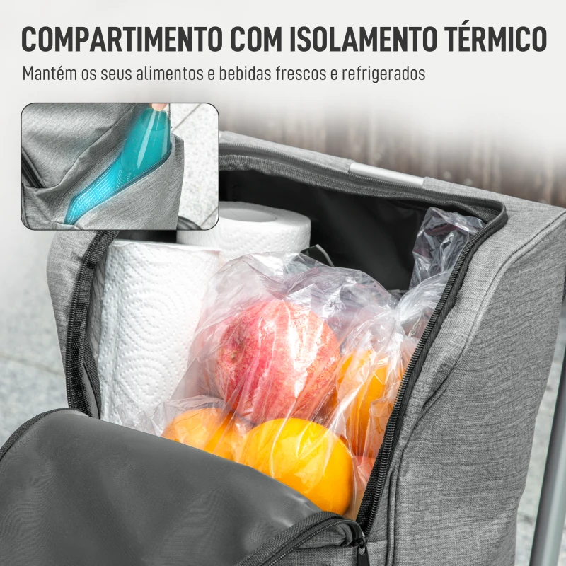 HOMCOM Carrinho de Compras Dobrável de 46 L de Alumínio com Saco Térmico 3 em 1 com 6 Rodas e Asa Ajustável 44x58x100 cm Cinzento