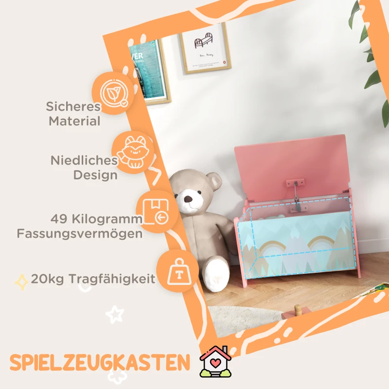 ZONEKIZ Opbergbox met opbergruimte, speelgoedkist met deksel en veiligheidsscharnier, schattig dierenontwerp, 60 x 37 x 39 cm, Roze