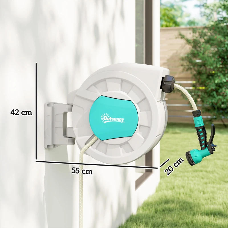 Outsunny Riavvolgitore tubo irrigazione 35+2 m, supporto a parete, impugnatura ruotabile a 180° 55 x 20 x 42 cm Grigio chiaro