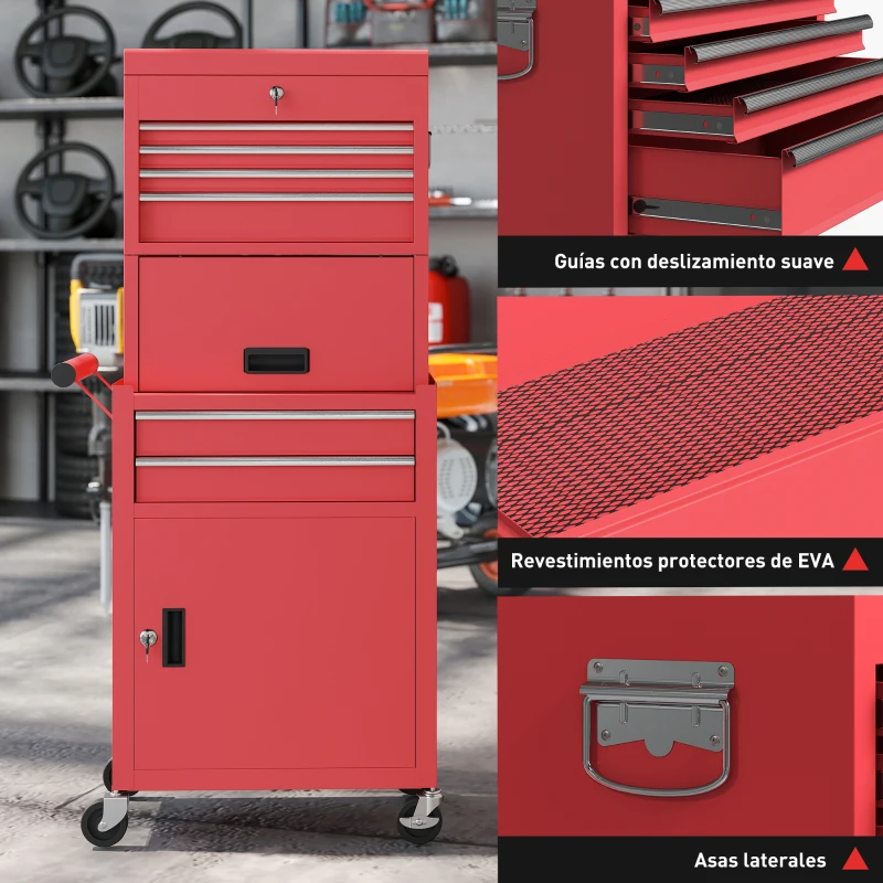HOMCOM Carro de Herramientas con 6 Cajones y Cerraduras Caja de Herramientas de Acero con Ruedas para Taller Garaje Rojo