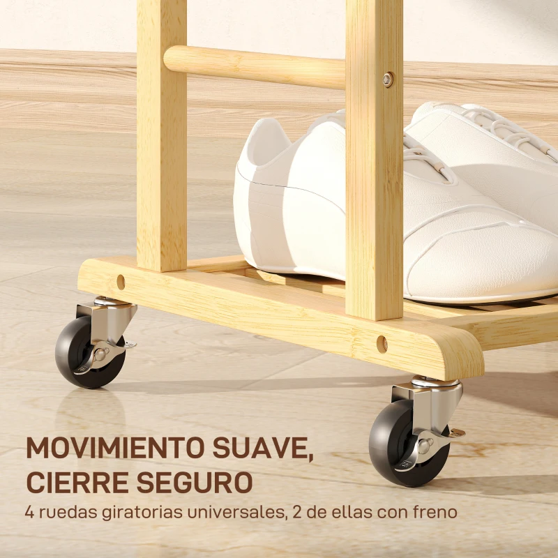 HOMCOM Galán de Noche Bambú con Ruedas Percha Superior Barras para Pantalones y Balda Inferior para zapatos Natural y Blanco