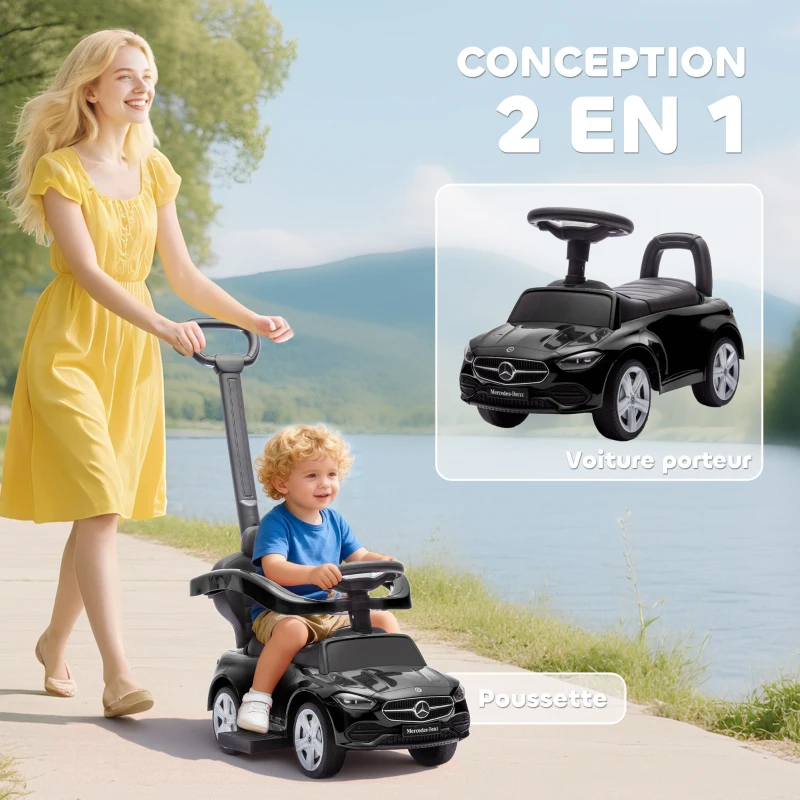 AIYAPLAY Porteur enfants Mercedes-Benz sous licence, porteur voiture à pousser avec poignée amovible, 91 x 40 x 83 cm, noir