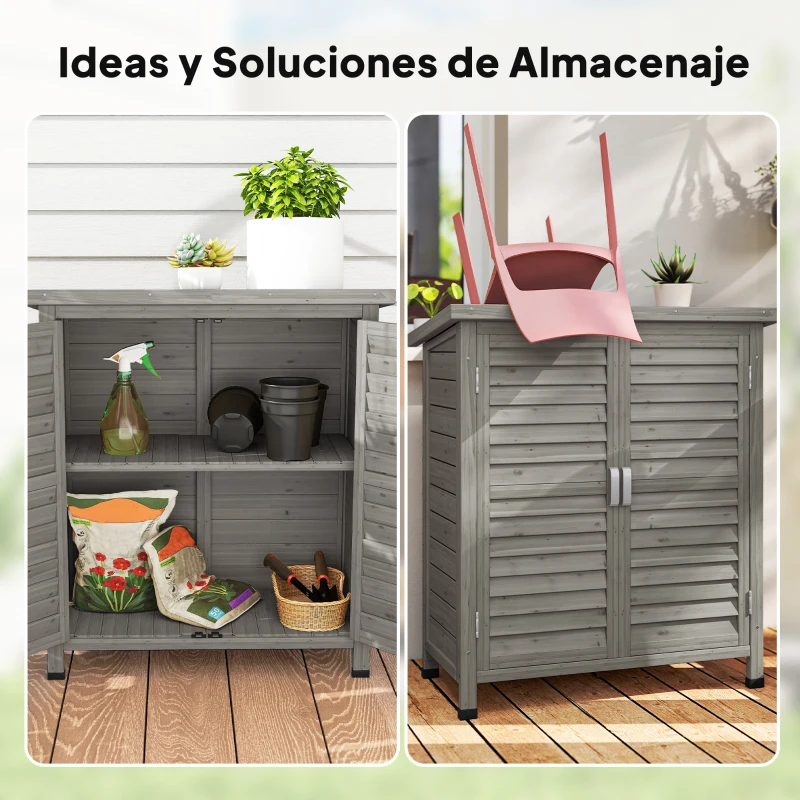 Outsunny Armario para Terraza de Madera con 2 Estantes Interiores 2 puertas y Techo Inclinado para Exterior Terreza 87x46,5x96,5 cm Gris