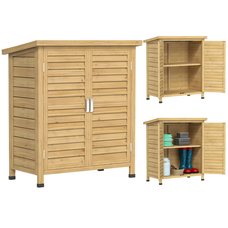 Outsunny Armario para Terraza de Madera con 2 Estantes Interiores 2 puertas de Buena Ventilación y Techo Inclinado para Exterior 87x46,5x96,5 cm Madera Natural