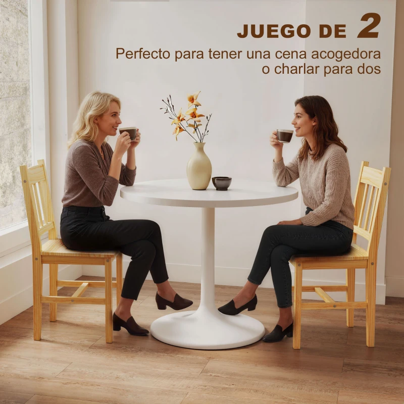 HOMCOM Juego de 2 Sillas de Comedor de Madera Sillas de Cocina con Respaldo de Listones, Asiento Amplio Madera Natural