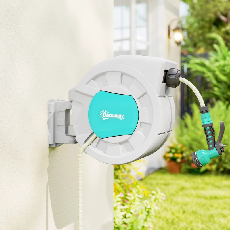 Outsunny Riavvolgitore tubo irrigazione 35+2 m, supporto a parete, impugnatura ruotabile a 180° 55 x 20 x 42 cm Grigio chiaro