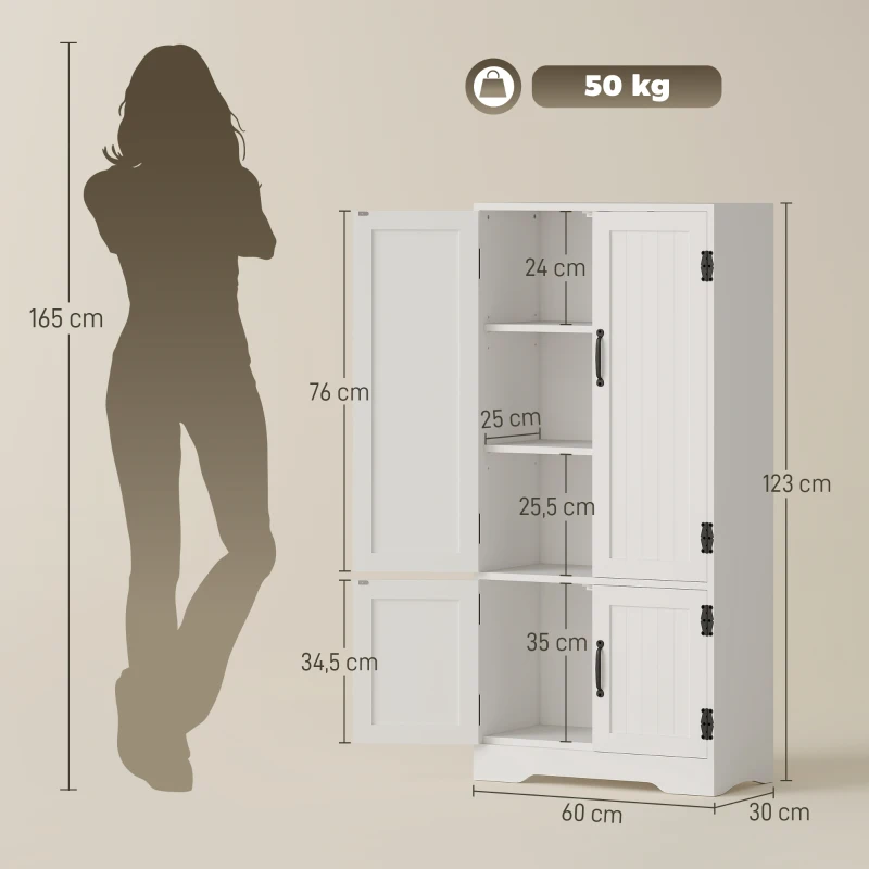 HOMCOM Alacena de Cocina Aparador Alto de Cocina Mueble Auxiliar con 4 Puertas y Estantes Ajustables 60x30x123 cm Blanco(m-3)
