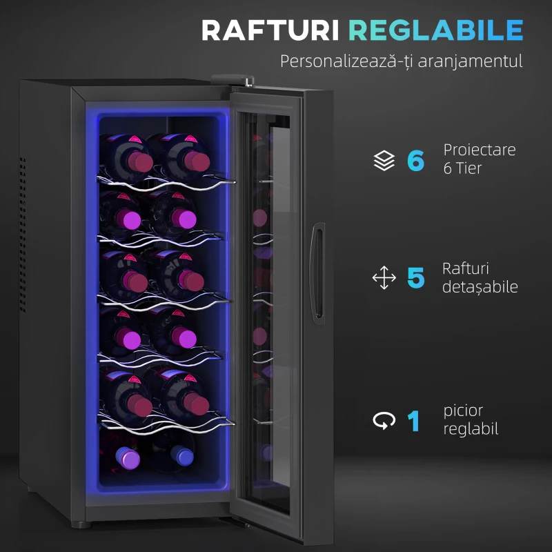 HOMCOM Frigider Termoelectric Dublu pentru 12 Sticle de Vin cu Ușă de Sticlă și Lumină LED, 26,5x51,5x65 cm, Negru