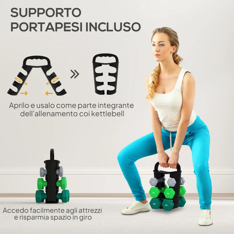 SPORTNOW Set 6 Manubri Pesi (2x1 kg, 2x2 kg, 2x3 kg) da 12 kg con Supporto/Kettlebell, in Metallo e Plastica Multicolore