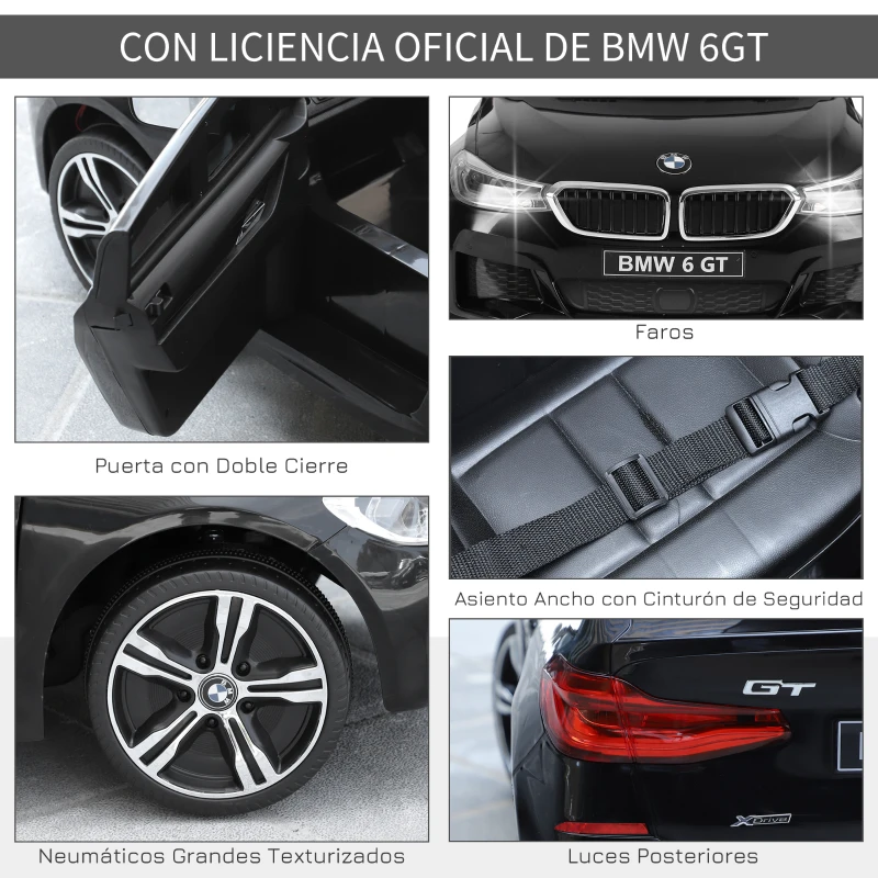HOMCOM Coche Eléctrico BMW 6GT para Niños +3 Años Automóvil Infantil de Batería 6V con Control Remoto Luces y Sonidos MP3 USB Carga 30 kg 106x64x51 cm Negro