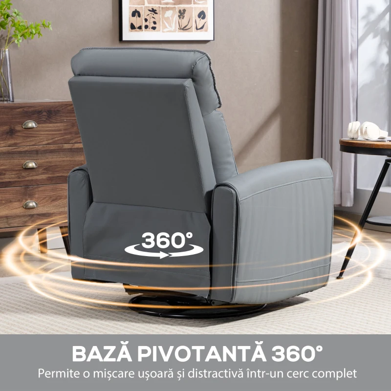 HOMCOM Fotoliu Reclinabil Manual cu Suport pentru Picioare din Material Textil Efect Piele și Bază Rotativă, Gri