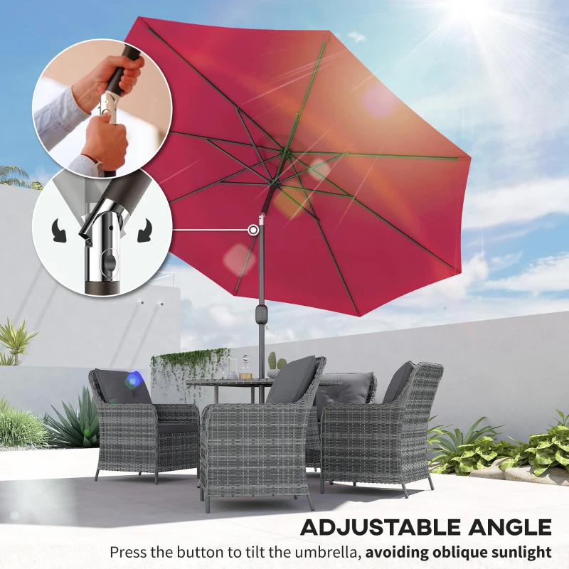 Outsunny 3(m) Tilting Parasol Garden Umbrellas, Outdoor Sun Shade with 8 Ribs, Tilt and Crank Handle for Balcony, Bench, Garden, Wine Red