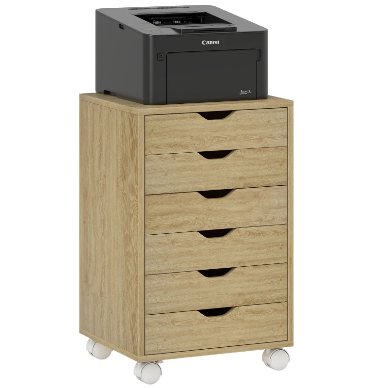HOMCOM Caisson de bureau Classeur mobile 6 tiroirs Roulettes Glissières silencieuses pour Bureau Maison Chêne