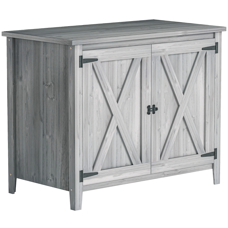 Outsunny Apparatuurkast, Dubbele Deur, Klapdeksel, 2 Planken Weerbestendig Natuurlijk Hout Grijs 74 X 43 X 88 Cm~1lbu6690o0g01