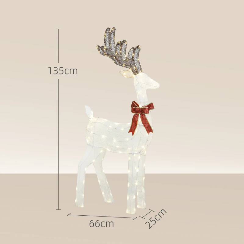 Outsunny Rendier met rode strik, 137 LEDs, kerstverlichting, weerbestendig, 66 x 25 x 135 cm, zilver