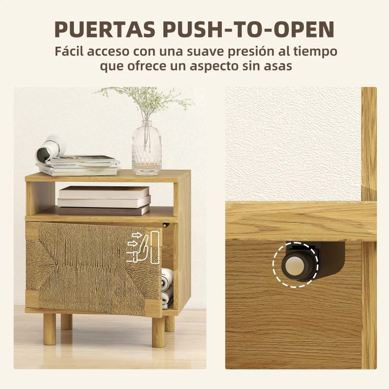 HOMCOM Mesita de Noche Bohemio con Puerta de Cuerda de Papel Estante Abierto Apertura por Presión 45x39x50 cm Roble