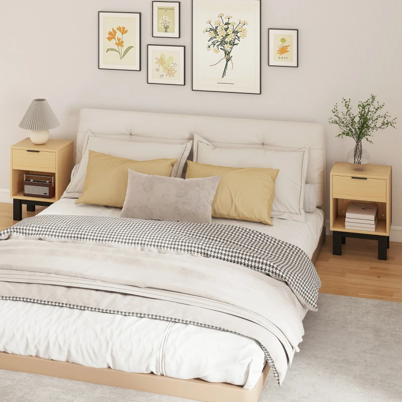 HOMCOM Juego de 2 Mesitas de Noche Estrechas Mesillas de Noche Modernas con Cajón Estante Abierto 35x26x50 cm Roble