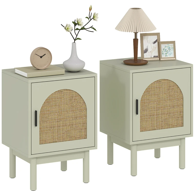 HOMCOM Set di 2 comodini, con anta in resina intrecciata, ripiano regolabile 40 x 35 x 58 cm, verde chiaro