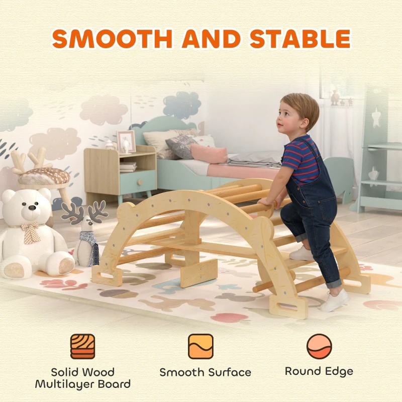 AIYAPLAY Montessori klimrek voor binnen, 2 in 1 klimboog van hout, voor kinderen 2-4 jaar, 110x52x45 cm, naturel hout