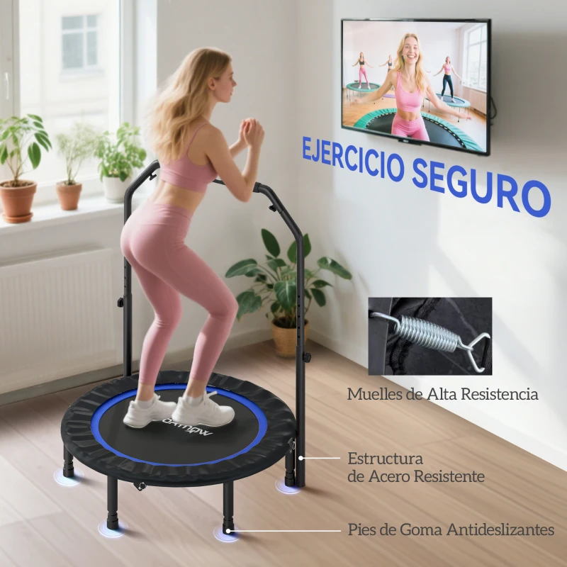 SPORTNOW Trampolim de Fitness Ø102 cm Dobrável com Guiador Ajustável de 4 Níveis e Bandas para Treino de Pernas e Corpo Azul