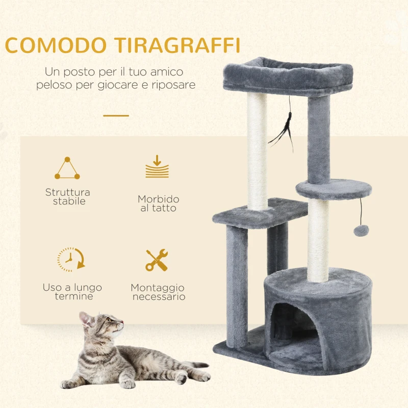 PawHut Albero Tiragraffi per Gatti Adulti su più Livelli, Castello per Gatti con Cuccia, Posatoio e 2 Ripiani, Bianco e Grigio, 48x35x100cm
