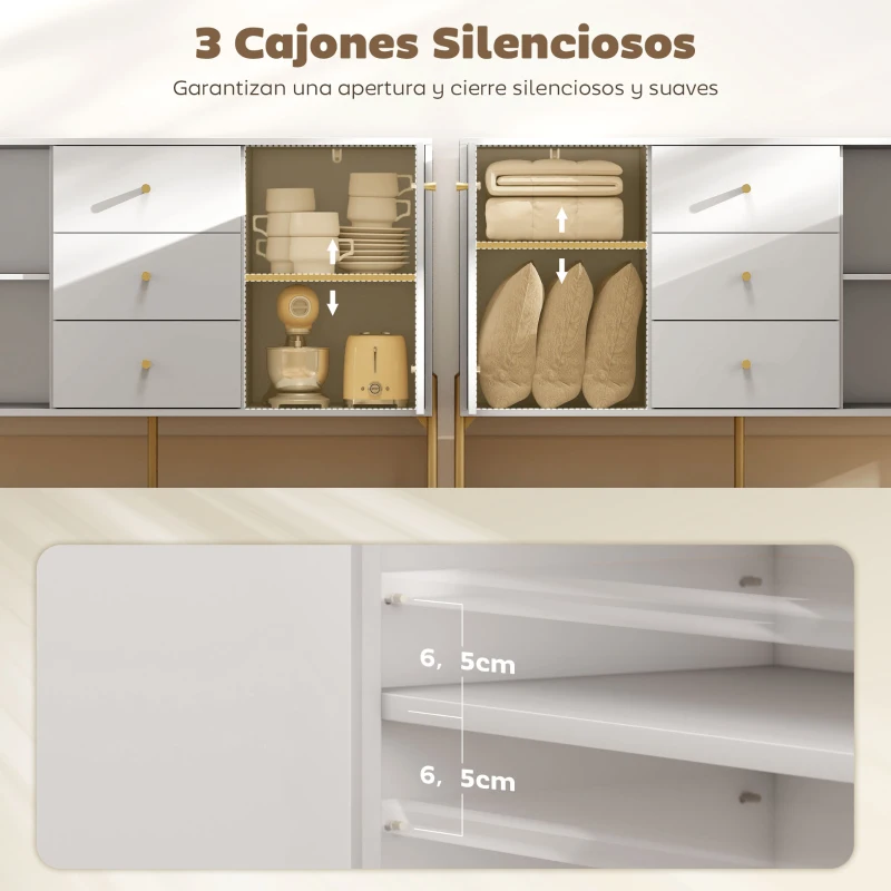 HOMCOM Aparador Moderno de 2 Puertas Aparador de Salón con 3 Cajones Estantes Ajustables Blanco 120x39,1x76 cm