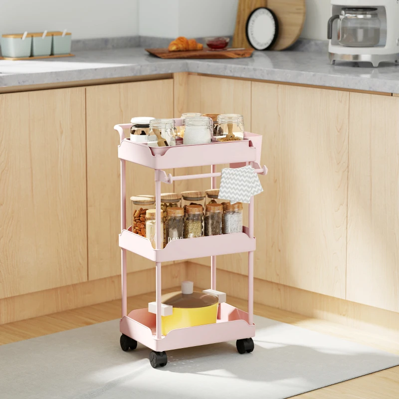 HOMCOM Carrello Ausiliario con Ruote a 3 Livelli Carrello da Cucina con Ceste Estraibili e Porta Asciugamani Rosa