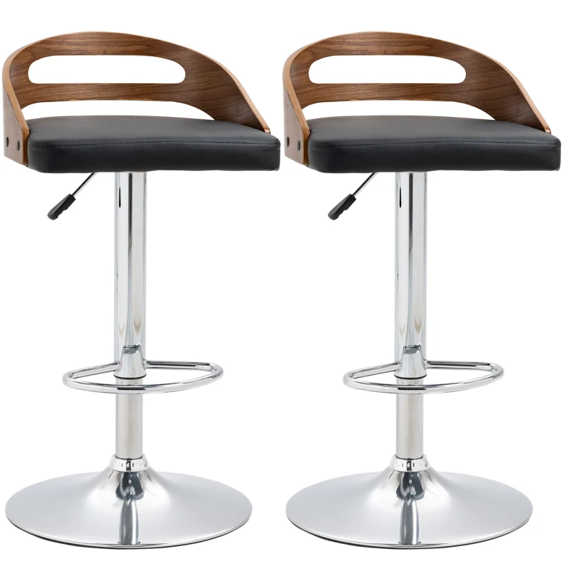 HOMCOM Lot de 2 tabourets de Bar Design Contemporain Hauteur d'assise réglable pivotant 360° revêtement synthétique Noir Dossier ajouré Aspect Bois