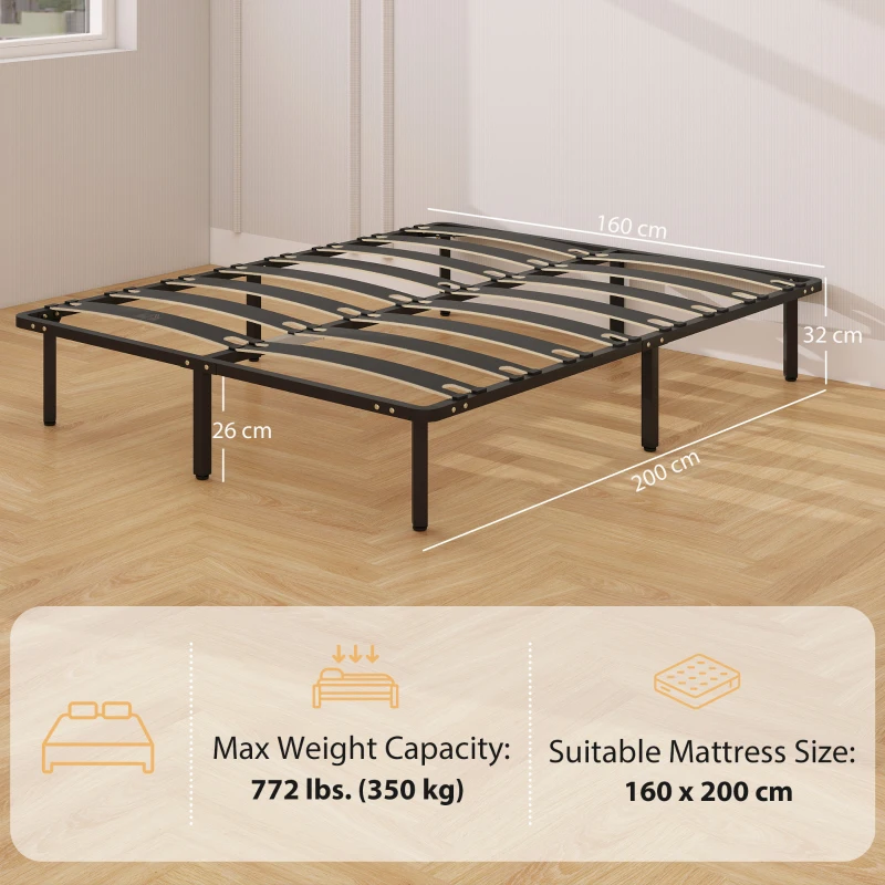 HOMCOM Telaio per letto matrimoniale, con rete a doghe in legno massello, 160 x 200 cm, Nero