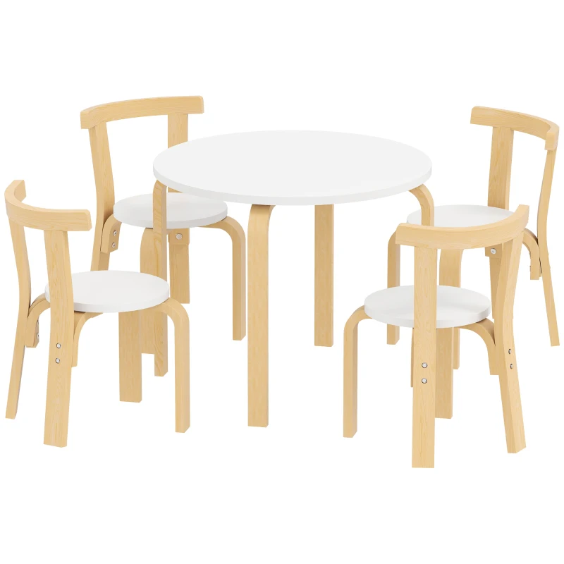AIYAPLAY Set Tavolo e Sedie per Bambini 3-8 Anni 5 pz con Bordi Arrotondati in Legno Bianco