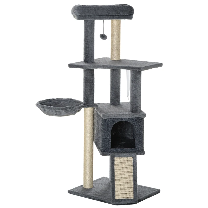 PawHut Árbol Rascador para Gatos Árbol para Gatos 127 cm con Cueva Hamaca Cama Plataformas Rampa de Sisal Bola Colgante Gris