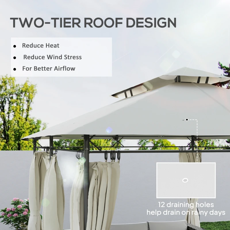 Outsunny 3 x 4m Metal Frame, Two-Tier Roof Gazebo - Cream White