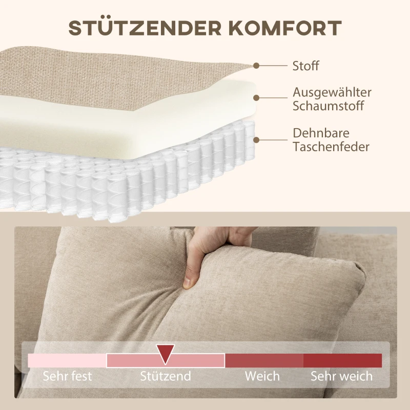 HOMCOM Narożnik w kształcie L z elastycznym szezlongiem, 3-osobowa sofa z 2 poduszkami, stalowy stelaż, do salonu, beżowy