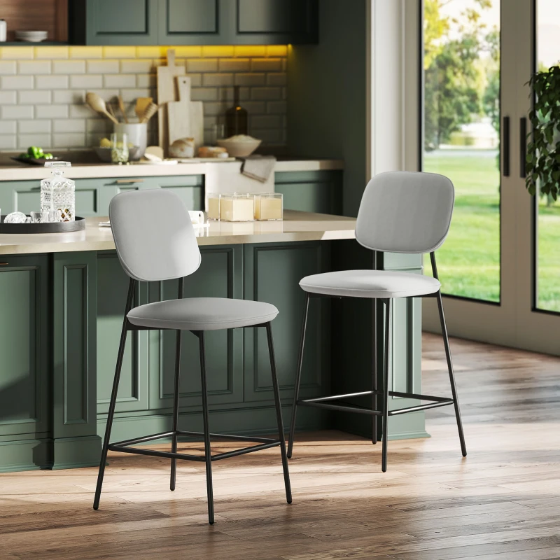 HOMCOM 2-Pack Bar Stools, Bistro Stools with Footrest, Velvet Upholstery, Steel Legs, for Dining Room, 45 x 49 x 102 cm, Light Gray