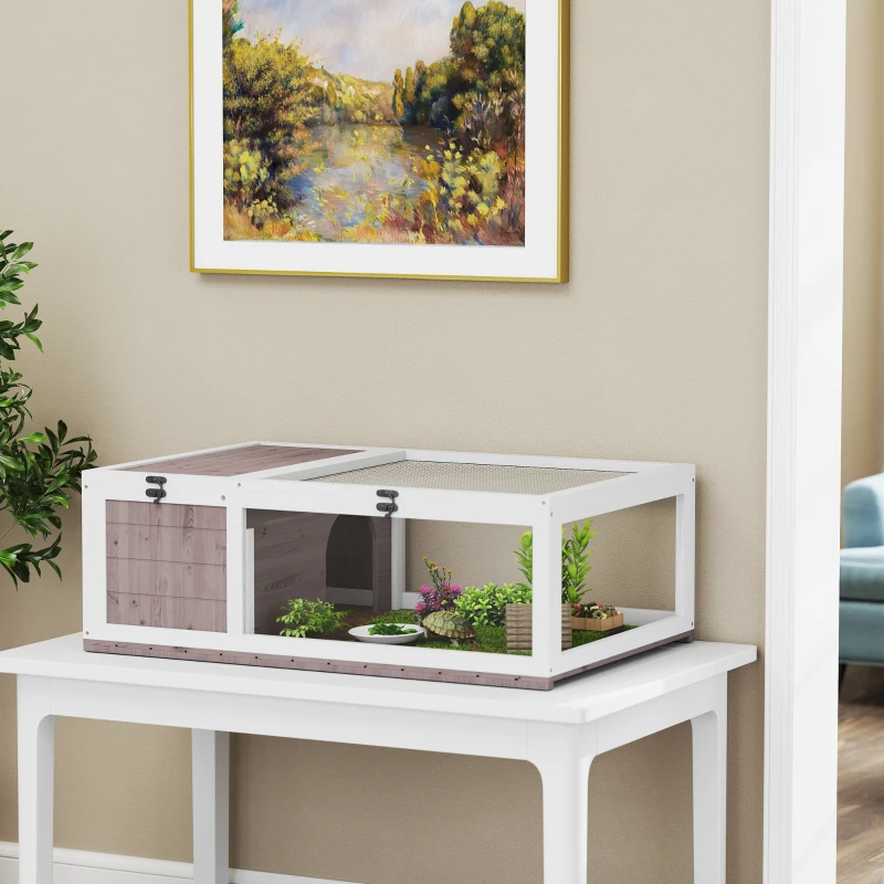 PawHut Maison enclos cage habitat pour petit animal tortues avec 2 espaces 91 x 60,5 x 32 cm bois massif marron clair