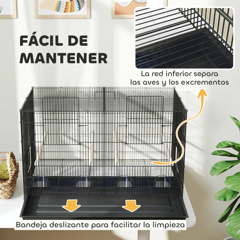 PawHut Jaula para Pájaros con Divisor 4 Comederos 4 Perchas Bandeja Extraíble para Loros Canarios Periquitos 76x46x46 cm Negro