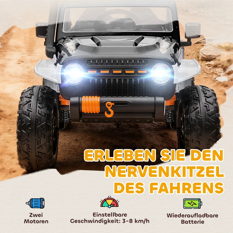 AIYAPLAY Pojazd elektryczny dla dzieci, bateria 12V, z miejscem rodzic-dziecko, zdalnie sterowalny, muzyka, klakson, lampy LED, 3-8 lat, Biały