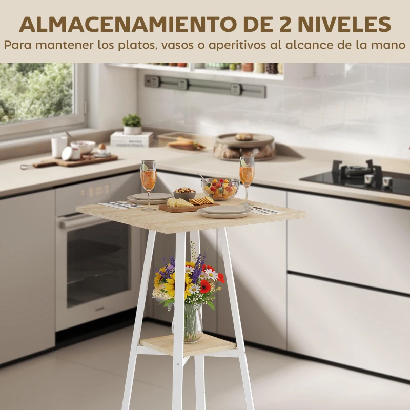 HOMCOM Mesa Alta Cocina Cuadrada con Estante para 2 Personas Patas de Metal 55x55x95 cm Madera Natural y Blanco