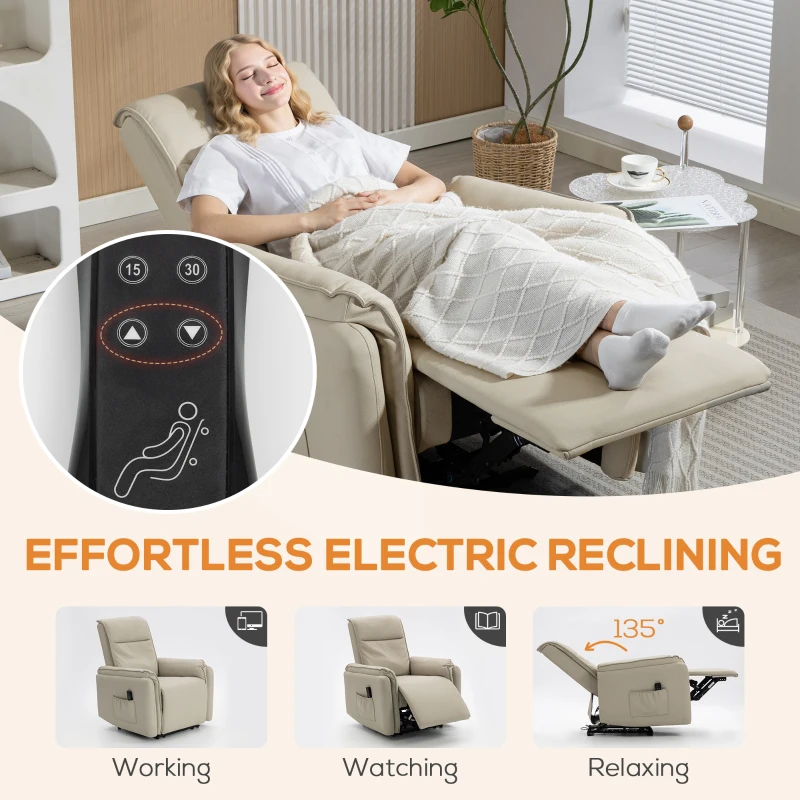 HOMCOM Elektrischer Massagesessel, Kunstlederbezug, Fußstütze, Seitentasche, Beige