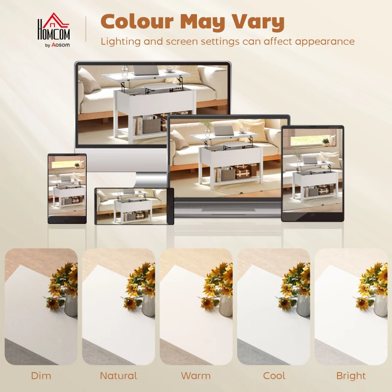 HOMCOM Höhenverstellbarer und ausziehbarer Couchtisch Wohnzimmertisch mit verstecktem Fach offenes Regal 100x45x50,5cm weiß