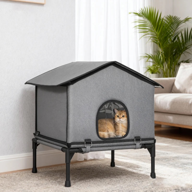 PawHut Outdoor Cat House, Waterproof Insulated Cat Kennel with Elevated Base, Foldable Feral Kitty Shelter for Kittens, Grey