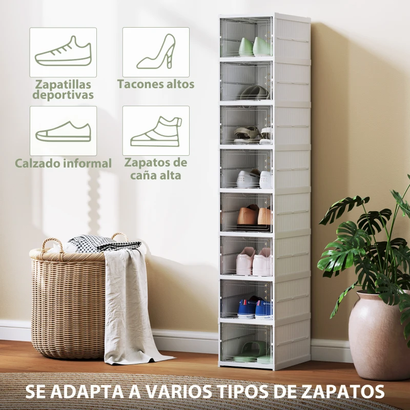 HOMCOM 8 Cajas para Zapatos Apilables y Plegable con Puertas Transparentes hasta Talla 43 No Requiere Montaje Blanco