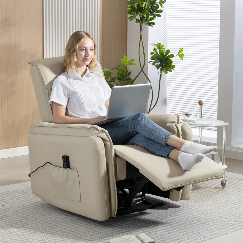 HOMCOM Elektrischer Massagesessel, Kunstlederbezug, Fußstütze, Seitentasche, Beige