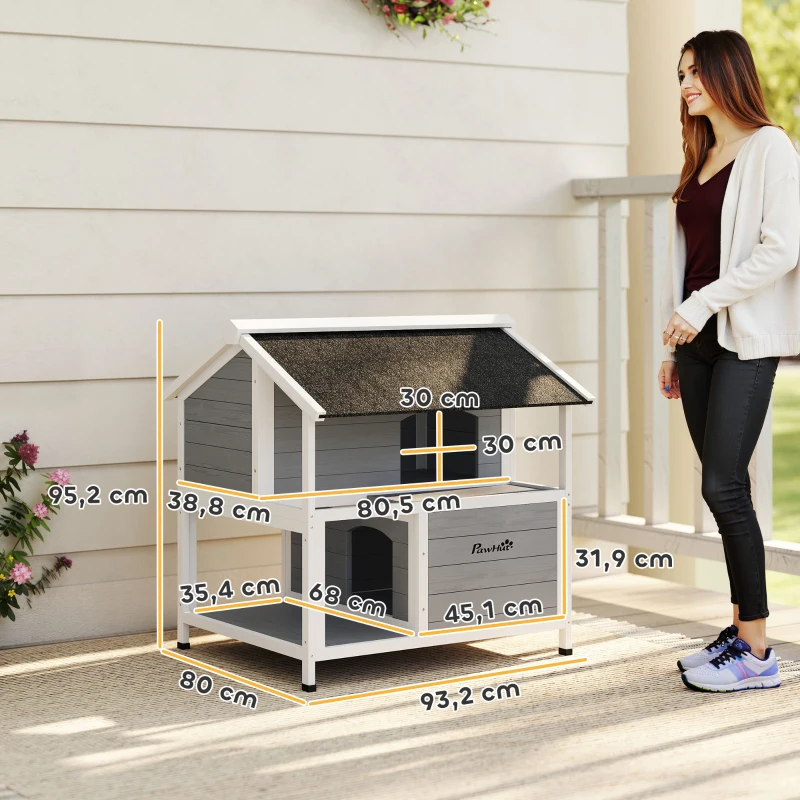 PawHut Caseta para gatos exterior, refugio para exteriores, impermeable, techo abatible, madera de abeto, 80 x 93 x 95, Gris