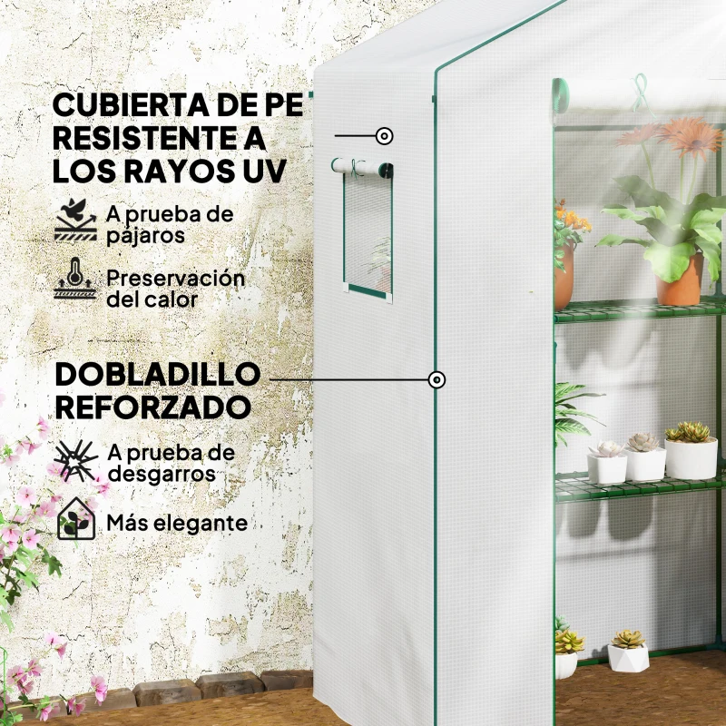Outsunny Invernadero de 3 Niveles con 1 Puerta 2 Ventanas y Estantes en Forma de U para Cultivo de Plantas 140x73x190 cm Blanco